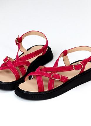 Босоножки сандали натуральный замш кожа розовые красные6 фото