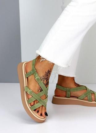 Босоножки сандали натуральный замш зеленые хаки римлянки3 фото