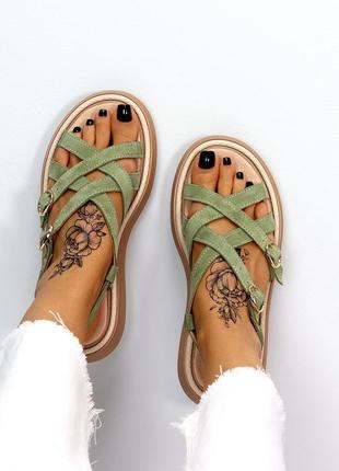 Босоножки сандали натуральный замш зеленые хаки римлянки2 фото