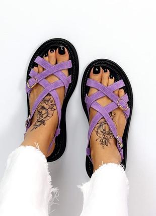 Босоніжки сандалі натуральна замша замш фіолетові римлянки на високій підошві