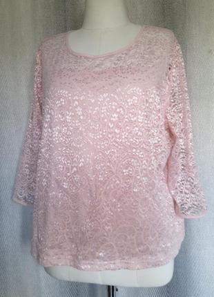 Нежно розовый кружевной женский лонгслив, блузка гипюровая, блузка пудового цвета.