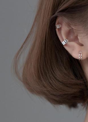 Каффы серебряные три вида на хрящик по 1 штуке в стиле минимализм, серьги без прокола, серебро 925 проби