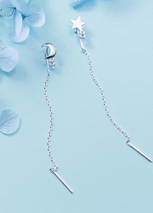 Сережки-протяжки срібні зірка + місяць у стилі мінімалізм, довгі сережки 65 мм, срібло 925 проби