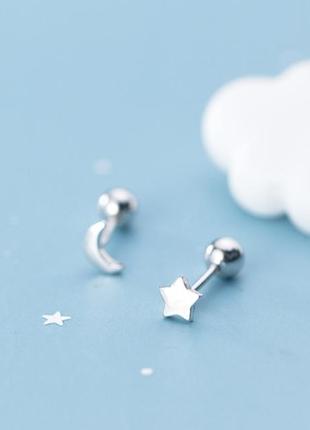 Сережки-гвоздики зірка+місяць срібні на закрутках, маленькі сережки мінімалізм, родій, позолота та чорні
