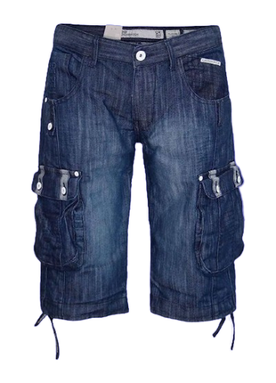 Чоловічі шорти карго з великими карманами трансформери на зав'язках сині нижче коліна джинсові джинс1 фото