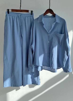 Ніжний легкий костюм з котону з жатки двійка з штанами з сорочкою з брюками блакитний оливковий 10 кольорів