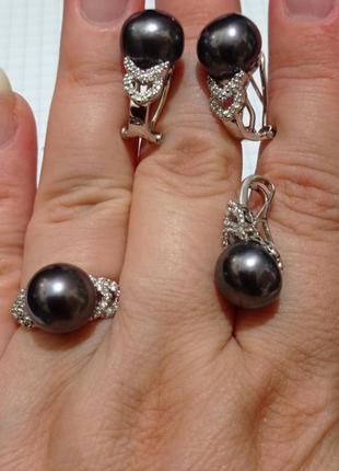 Черный жемчуг, серебряный набор с черным жемчугам, кольцо, серьги, кулон10 фото