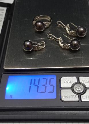 Черный жемчуг, серебряный набор с черным жемчугам, кольцо, серьги, кулон3 фото