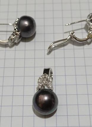 Черный жемчуг, серебряный набор с черным жемчугам, кольцо, серьги, кулон9 фото
