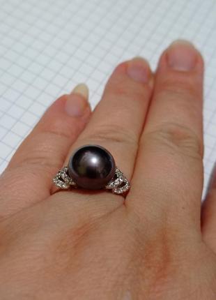 Черный жемчуг, серебряный набор с черным жемчугам, кольцо, серьги, кулон8 фото