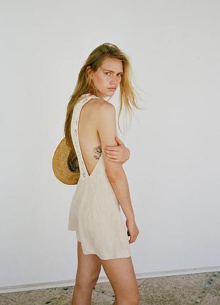 Zara лляна міні сукня з мереживом кроше4 фото