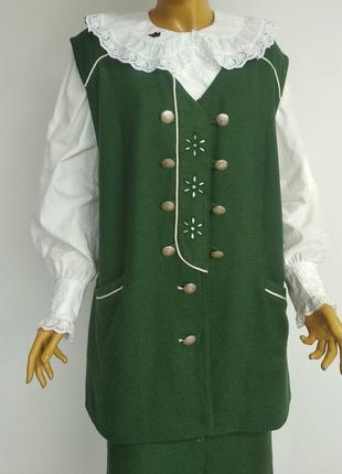 Вінтажний натуральний баварський льляний костюм жилетка безрукавка з мереживом спідниця міді зеленого кольору xl xxl xxl2 фото