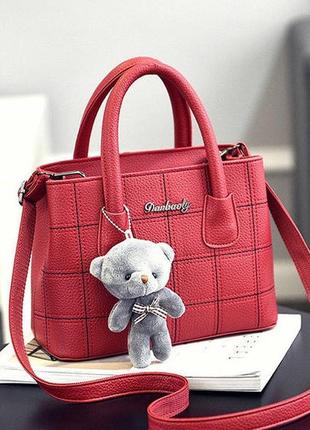 Жіноча міні сумочка з брелоком ведмедик, маленька сумка на плече червоний