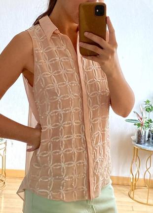 Warehouse блуза рубашка пайетки блестящая рубашка топ кофта геометрический узор прозрачная спинка6 фото