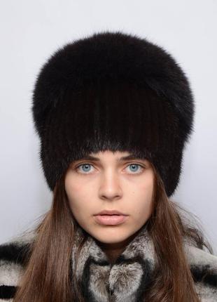 Женская вязаная норковая шапка "водопад" махагон