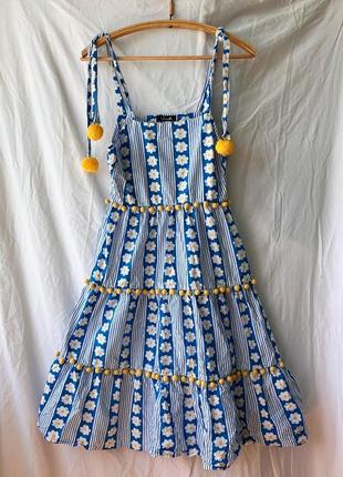 Платье голубо-желтое, с цветочками m