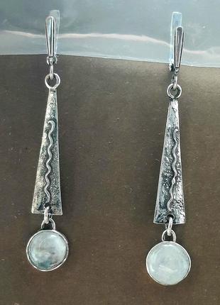 Дизайнерские стильные серьги серебро 925 с лунным камнем адуляром7 фото