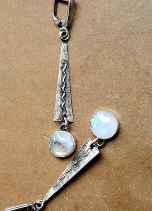 Дизайнерские стильные серьги серебро 925 с лунным камнем адуляром
