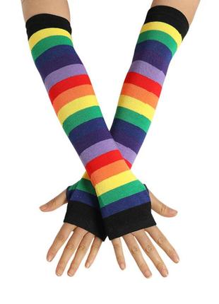 Веселкові митенки з отвором для пальця різнокольорові рукавички без пальців гетри на руки1 фото