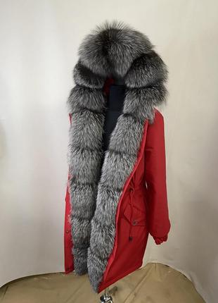 Женская зимняя парка красная, куртка с натуральным мехом финской чернобурки, 42-60 размеры2 фото