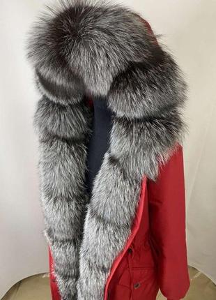 Женская зимняя парка красная, куртка с натуральным мехом финской чернобурки, 42-60 размеры4 фото