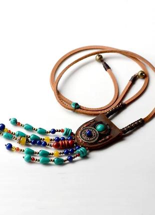 Ожерелье подвеска в этническом стиле из натуральной кожи и камня.3 фото