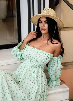 Роскошное эффектное женственное платье из муслина молочное с пышной юбкой расклешенное с рукавами фонариками  с корсетным лифом вечернее мятное7 фото