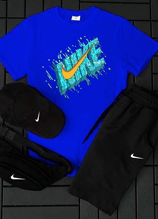Акция! базовый летний комплект футболка с принтом найк краска nike + шорты + кепка + бананка костюм мужской