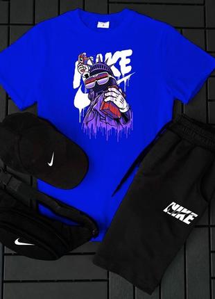 Акция! базовый летний комплект футболка с принтом найк краска nike + шорты + кепка + бананка костюм мужской