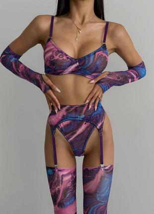 Комплект жіночої білизни з панчохами та рукавичками фіолетовий