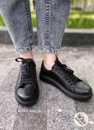 Черные базовые женские повседневные кеды, кроссовки из натуральной кожи4 фото