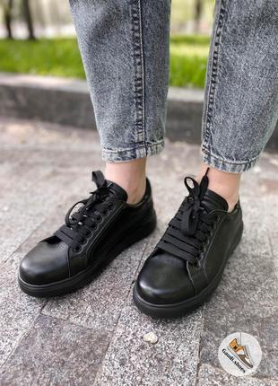 Черные базовые женские повседневные кеды, кроссовки из натуральной кожи6 фото