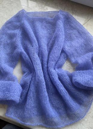 Мохеровый cиренево-синий джемпер свитер паутинка, ручная работа, кид мохер