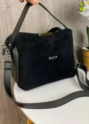 Модная женская мини сумочка на плечо натуральная замша + эко черная кожа 11622 фото
