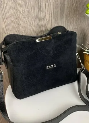 Модная женская мини сумочка на плечо натуральная замша + эко черная кожа 11628 фото