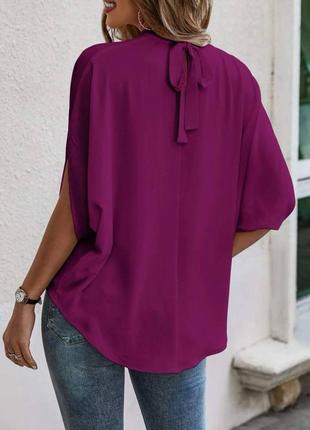 Стильная элегантная блуза со спущенными рукавами удлиненная красивая кофточка софт электрик синяя фуксия розовая зеленая блузка9 фото
