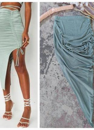 Бирюзовая трикотажная юбка🔹длинная драпировка с одной стороны boohoo(размер 38-40)