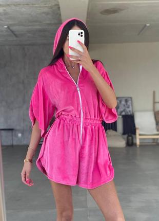 Комбинезон плюшевый велюр трендовый y2k спортивный с капюшоном талия на резинке барби електрик зелёный графит сексуальный с разрезами на шортах