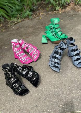 Зеленые кожаные босоножки с ремешками много цветов5 фото