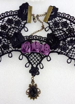 Готическое викторианское кружевное колье ожерелье с атласными розами чокер ошейник воротничок