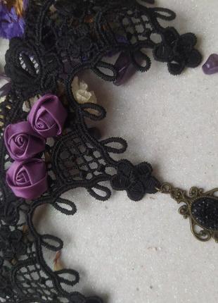 Готическое викторианское кружевное колье ожерелье с атласными розами чокер ошейник воротничок5 фото