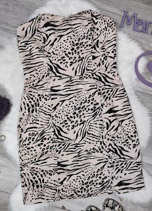 Женское платье без бретелек h&m бежевое с животным принтом корсет с косточками размер l5 фото