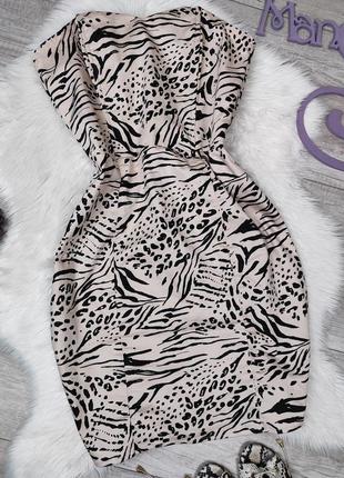 Женское платье без бретелек h&m бежевое с животным принтом корсет с косточками размер l2 фото