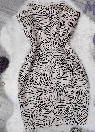 Женское платье без бретелек h&m бежевое с животным принтом корсет с косточками размер l7 фото