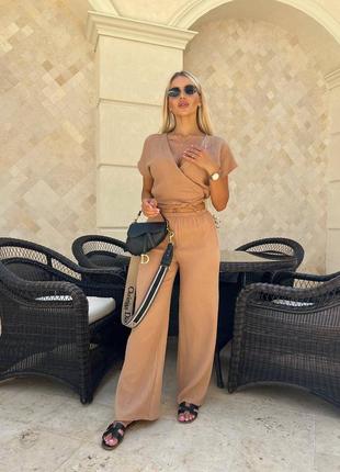 Костюм двойка хлопок муслин кроп топ на запах с завязками широкие брюки штаны палаццо серый бежевый синий мокко коричневый