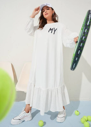 Длинное белое свободное хлопковое платье с кружевными вставками
