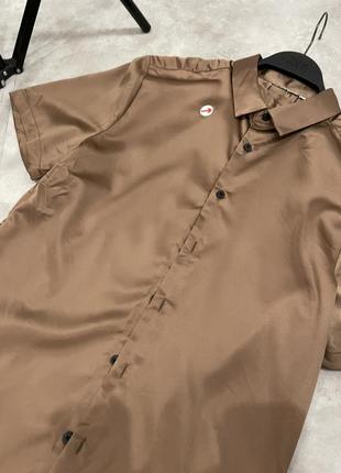 Светло-коричневая атласная рубашка скинни asos design7 фото