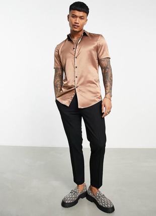 Светло-коричневая атласная рубашка скинни asos design1 фото