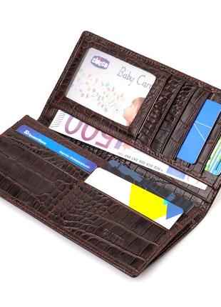 Вертикальний гаманець без застібки з натуральної шкіри з тисненням під крокодила canpellini 21905 коричневий3 фото