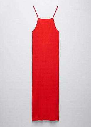 Красное платье миди от zara в рубчик